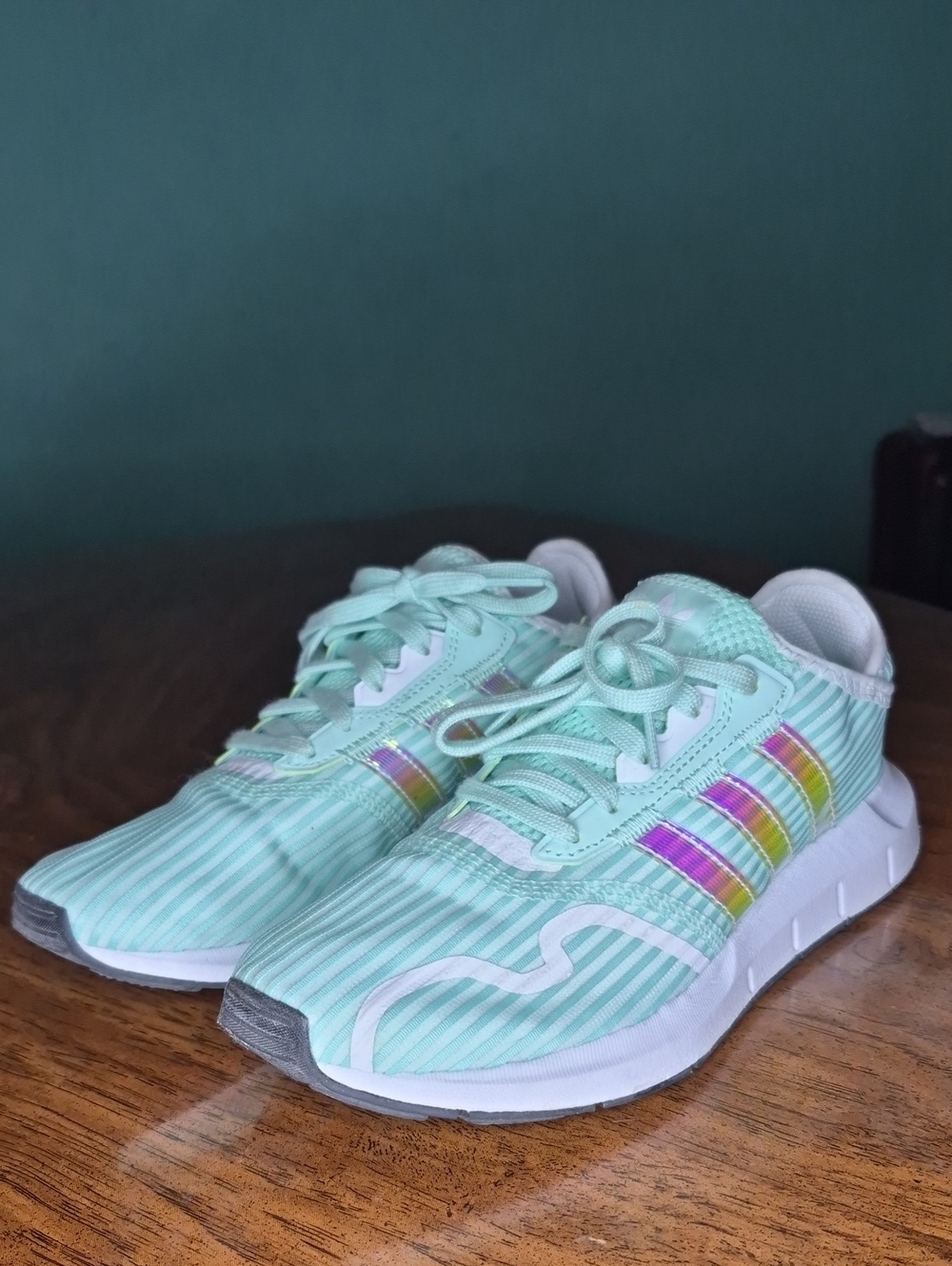 Kids Mint Stripe Athletic Sneakers with Rainbow Accent